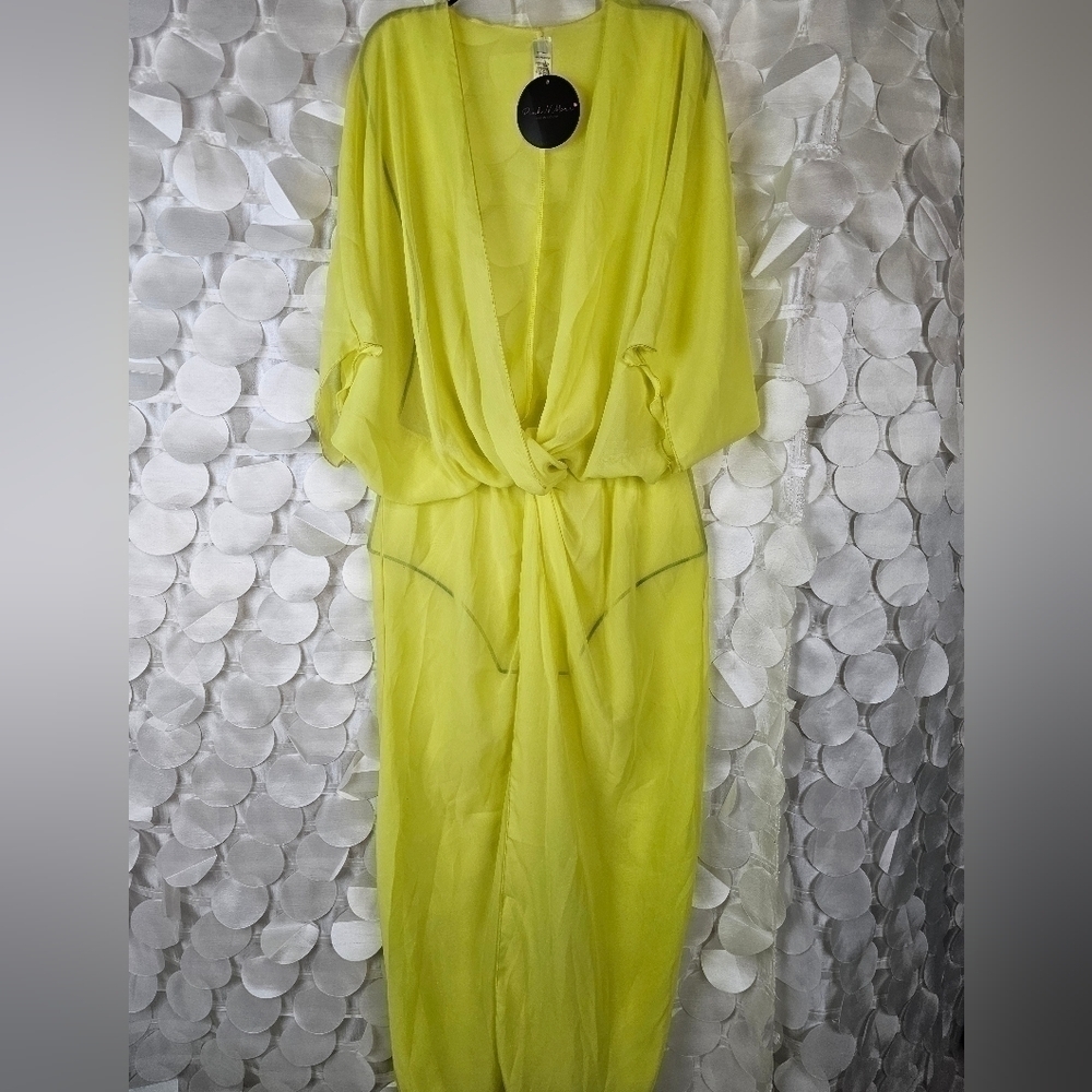 Sheer Yellow Kimono Wrap‎ Dress | Flowy & Flirty Cover-Up - Picture 3 of 5